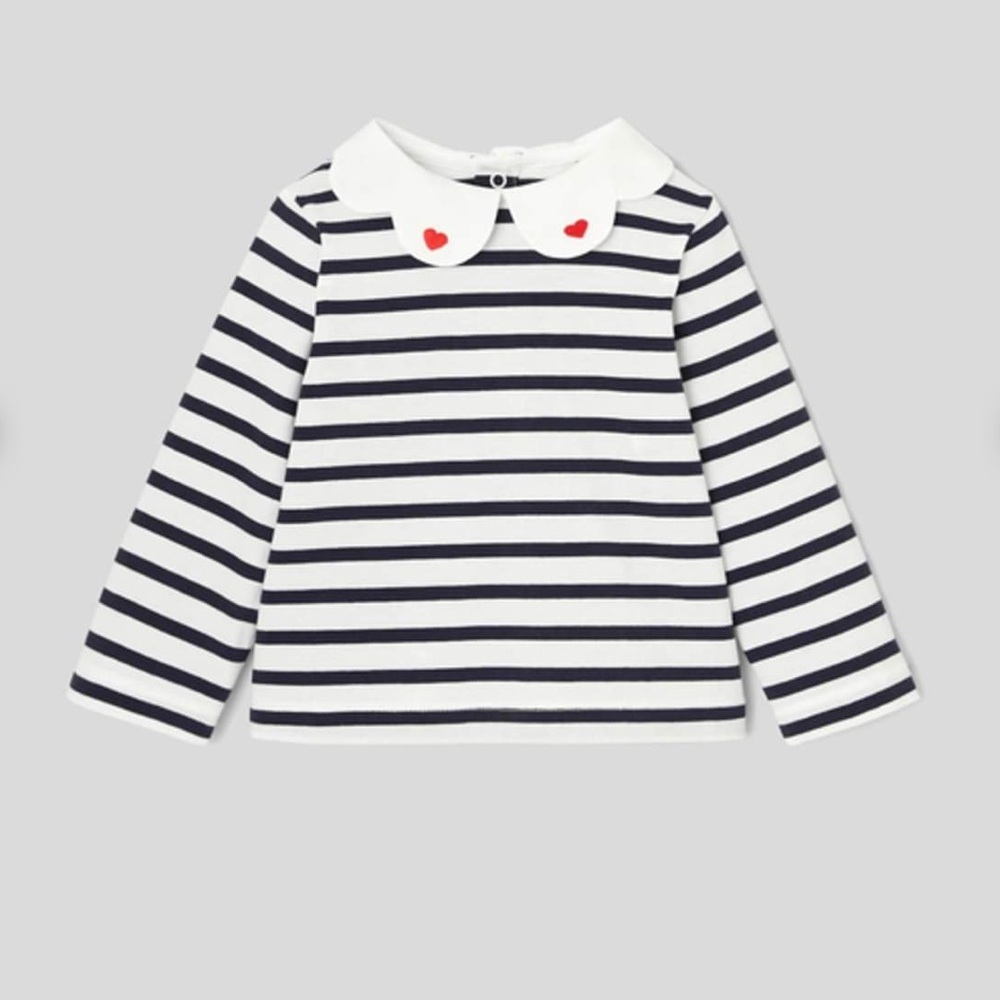 Jacadi Navy and White Striped Long Sleeve Shirt with heart embroidery 12M 74cm